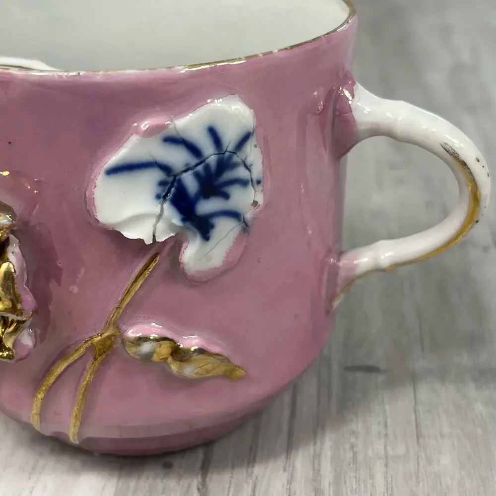 Vintage Victorian Raised Floral Accent Gold Trim Mustache Guard Mug Cup Decor